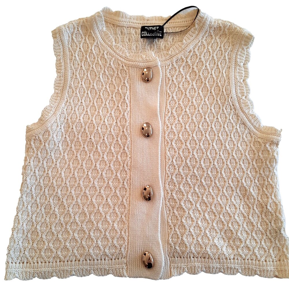 100% Cotton Button Front Sweater Vest - Future Collective Ivory Women's Small